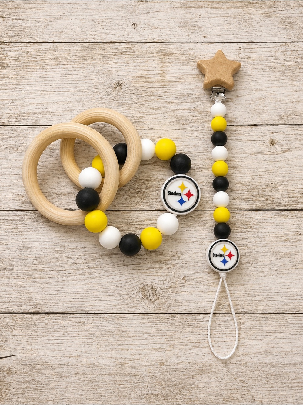 Steelers Yellow Black White Baby Teether & Pacifier Clip Set